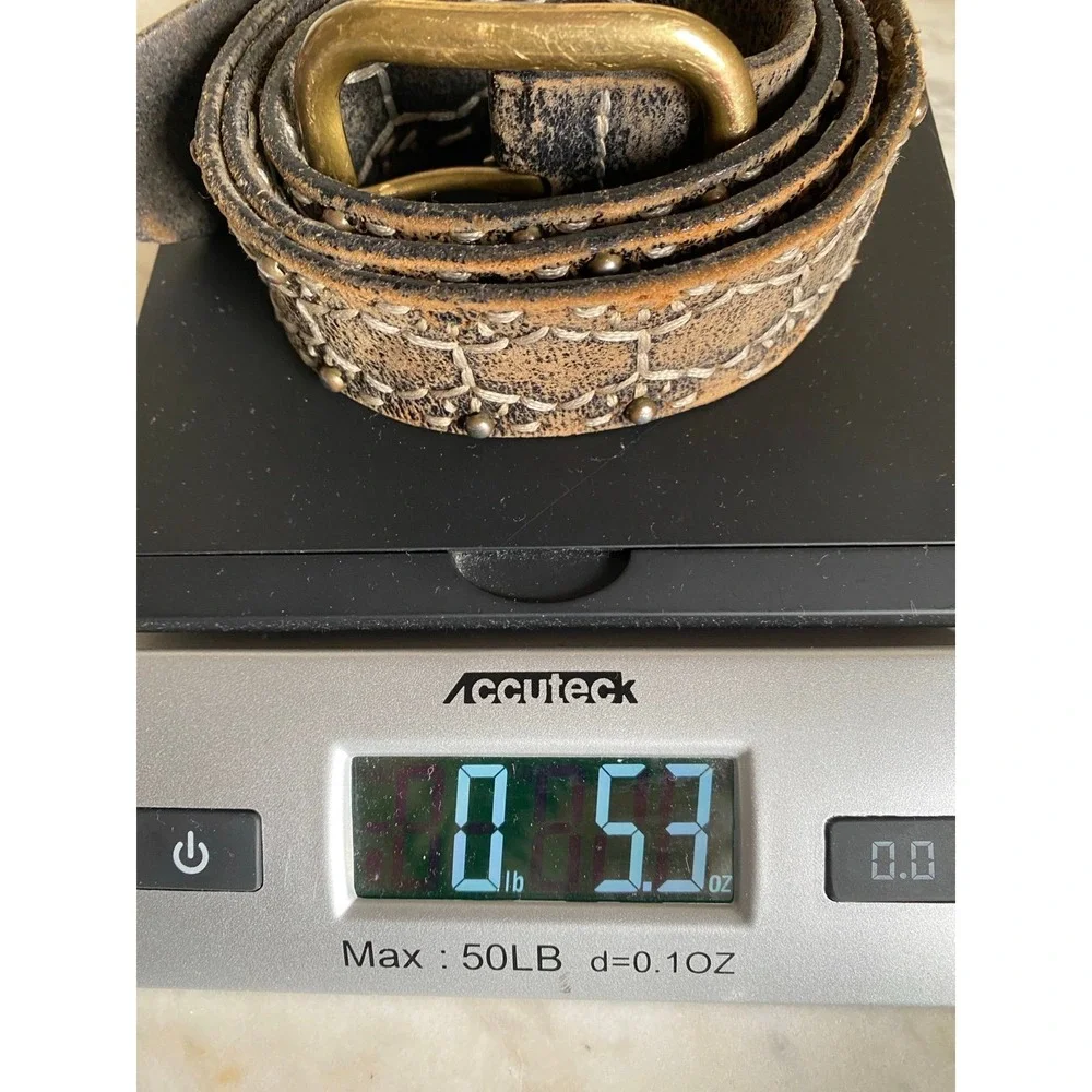 RLL Distressed Leather Studded Belt Ralph Lauren Vintage Brass Buckle Y2K